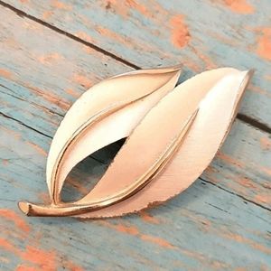White Enamel Leaf Brooch Gold